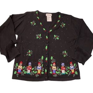 B. P. Design Toy Soldier Holly Embroidered Beaded Christmas Cardigan Small Black
